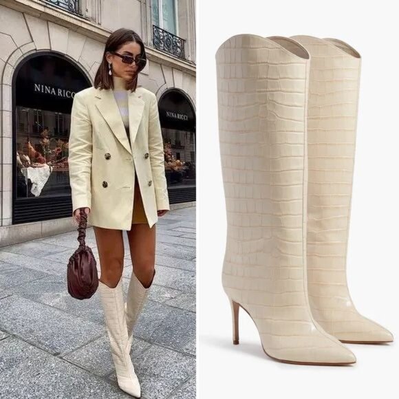 SCHUTZ Maryana High Tall BOOTS Size 8 Eggshell Crocodile Embossed Leather NEW - Picture 1 of 16